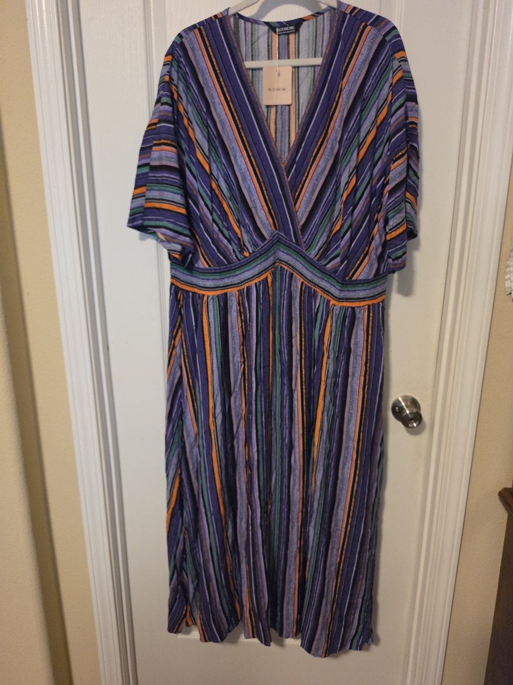 BloomChic Purple Striped Midi Dress with Orange and Green Accents